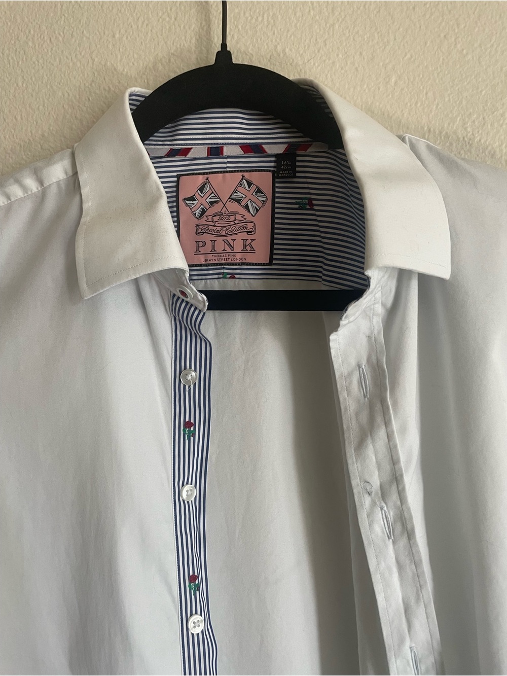 Thomas Pink White Dress Shirt with Blue White Stripes Rose Florals pattern. PINK
